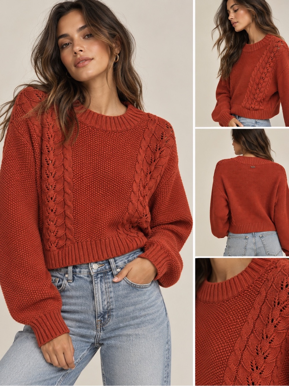 Billabong Rust Cable Knit Crewneck Sweater